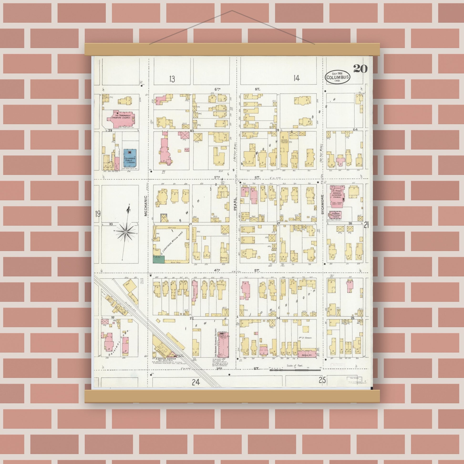 Old map wall art mockup — magnetic wood frame on brick wall — Sanborn Fire Insurance Map from Columbus, Bartholomew County, Indiana (1906), Sheet #0020