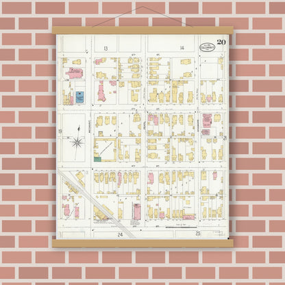 Old map wall art mockup — magnetic wood frame on brick wall — Sanborn Fire Insurance Map from Columbus, Bartholomew County, Indiana (1906), Sheet #0020