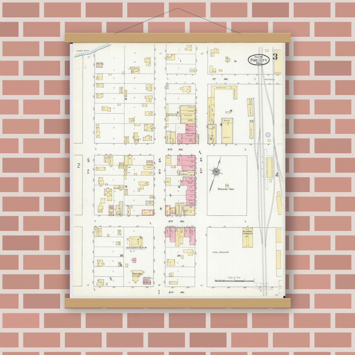 Old map wall art mockup — magnetic wood frame on brick wall — Sanborn Fire Insurance Map from Pine City, Pine County, Minnesota (1911), Sheet #0003