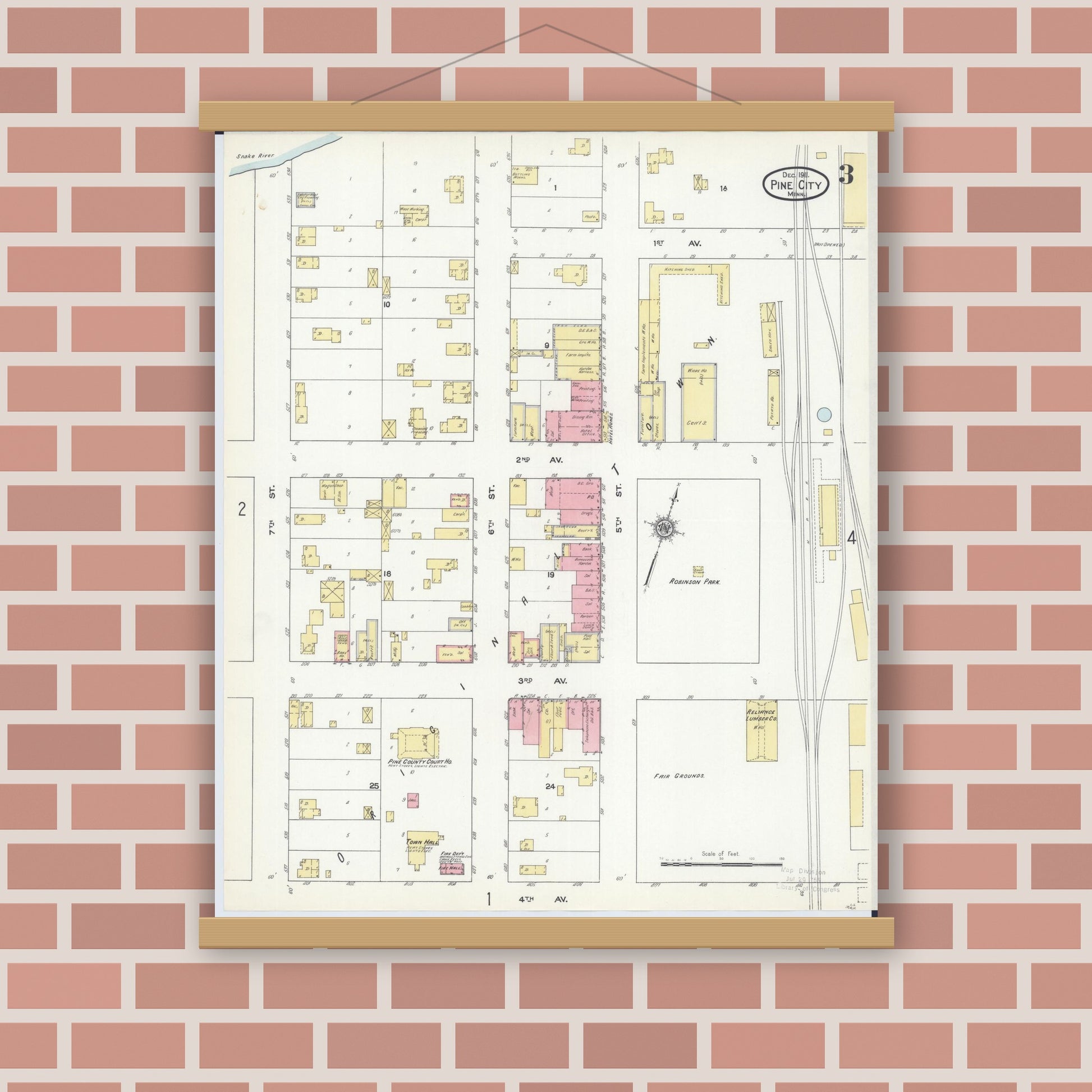 Old map wall art mockup — magnetic wood frame on brick wall — Sanborn Fire Insurance Map from Pine City, Pine County, Minnesota (1911), Sheet #0003