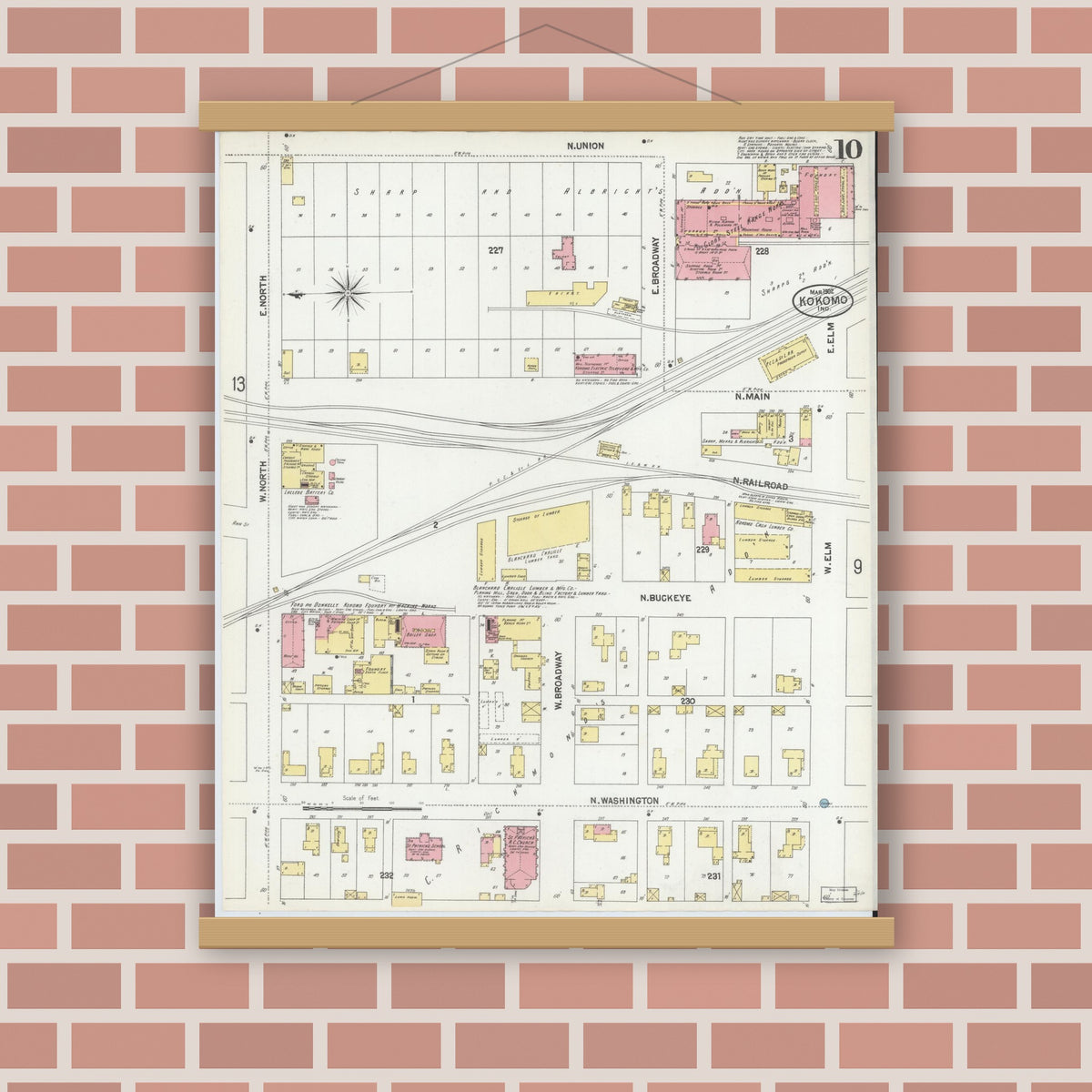 Old map wall art mockup — magnetic wood frame on brick wall — Sanborn Fire Insurance Map from Kokomo, Howard County, Indiana (1902), Sheet #0010