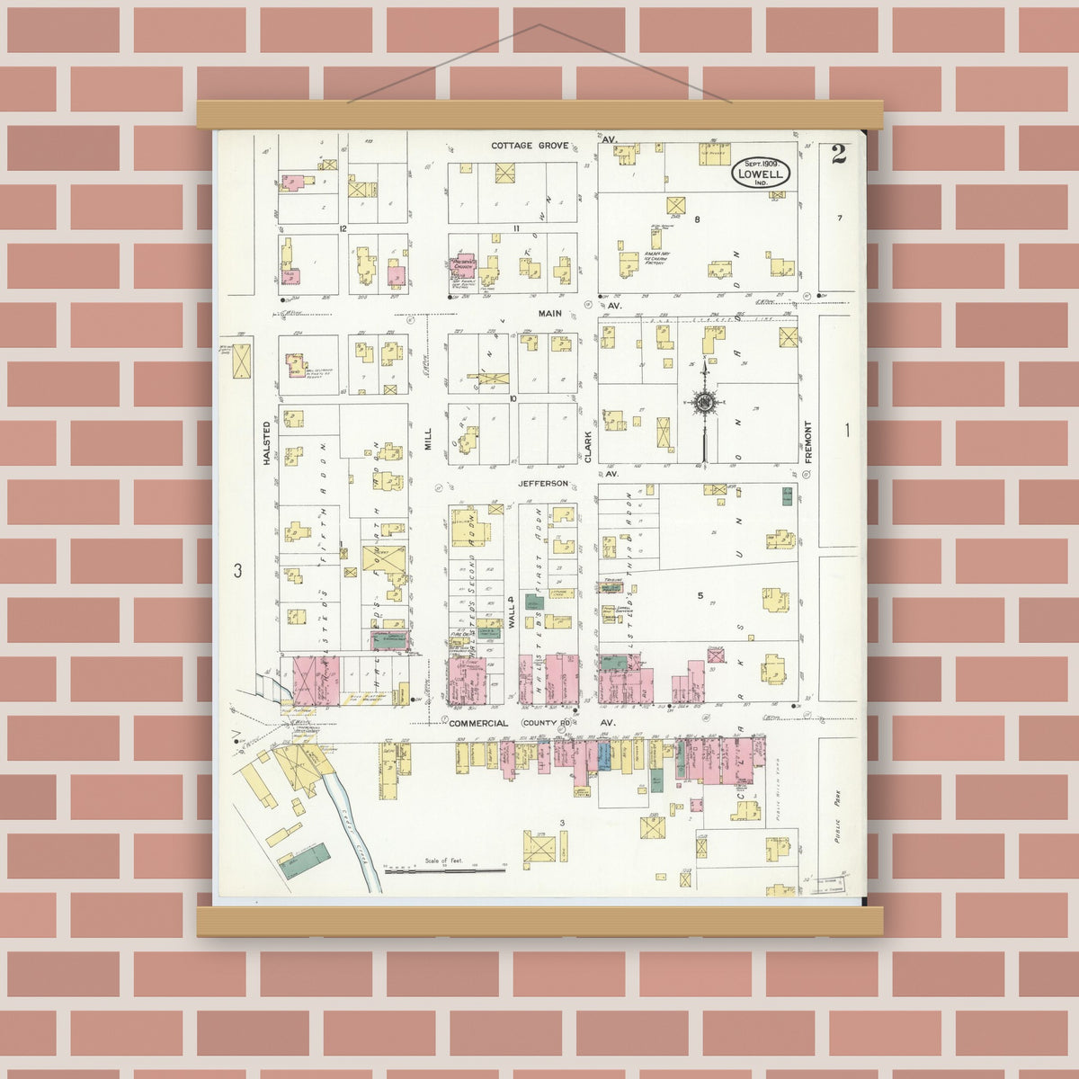 Old map wall art mockup — magnetic wood frame on brick wall — Sanborn Fire Insurance Map from Lowell, Lake County, Indiana (1909), Sheet #0002