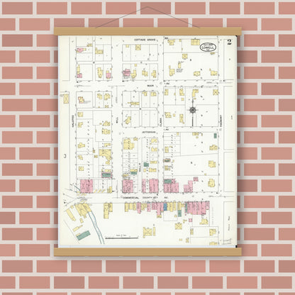 Old map wall art mockup — magnetic wood frame on brick wall — Sanborn Fire Insurance Map from Lowell, Lake County, Indiana (1909), Sheet #0002