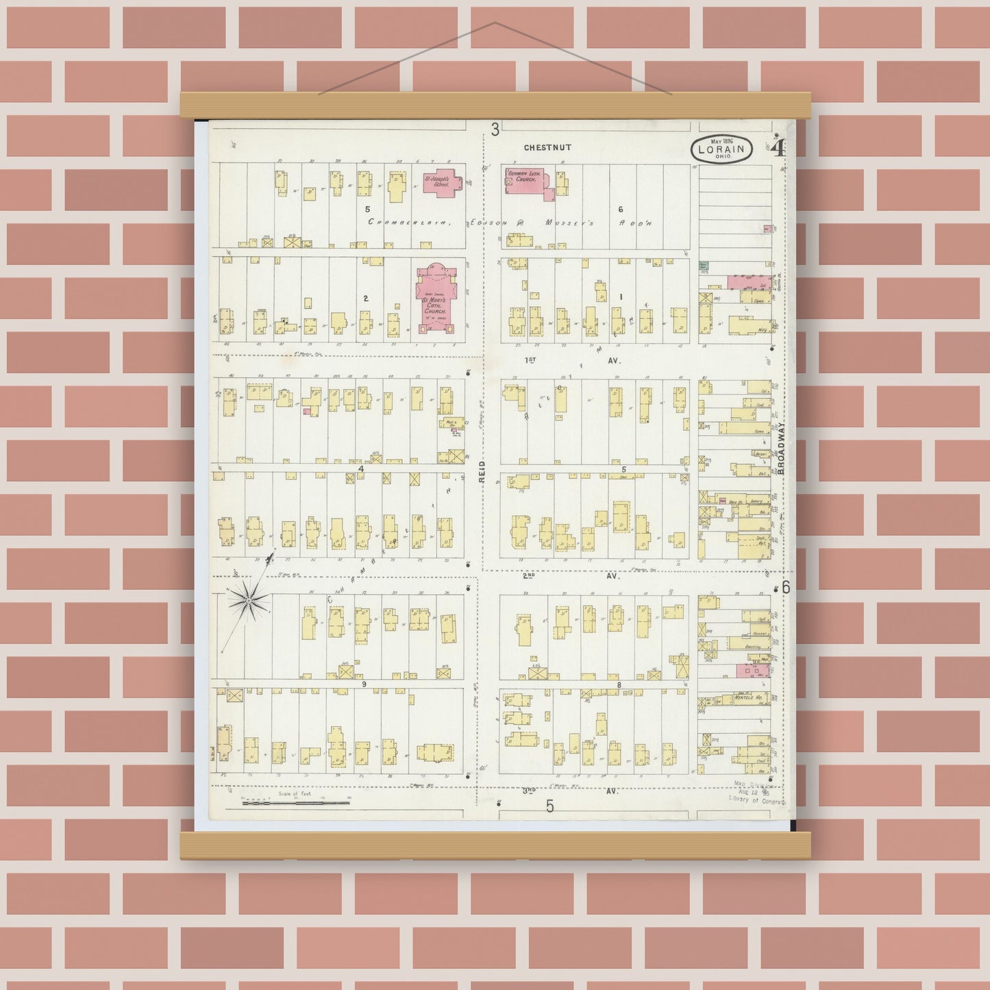 Old map wall art mockup — magnetic wood frame on brick wall — Sanborn Fire Insurance Map from Lorain, Lorain County, Ohio (1896), Sheet #0004