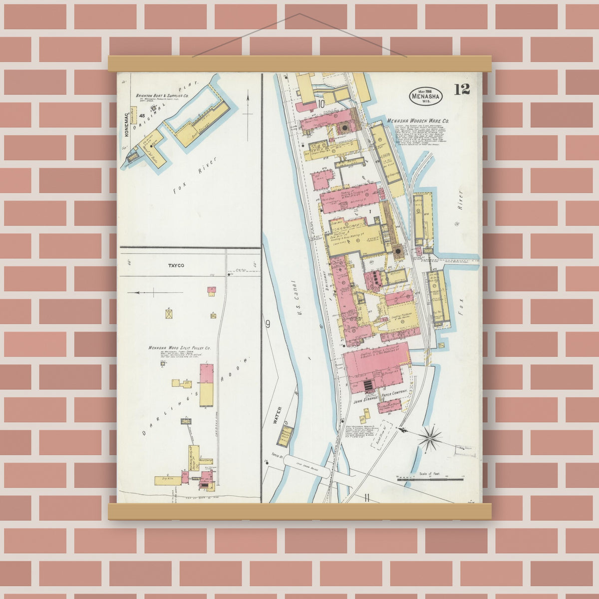 Old map wall art mockup — magnetic wood frame on brick wall — Sanborn Fire Insurance Map from Menasha, Winnebago County, Wisconsin (1906), Sheet #0012