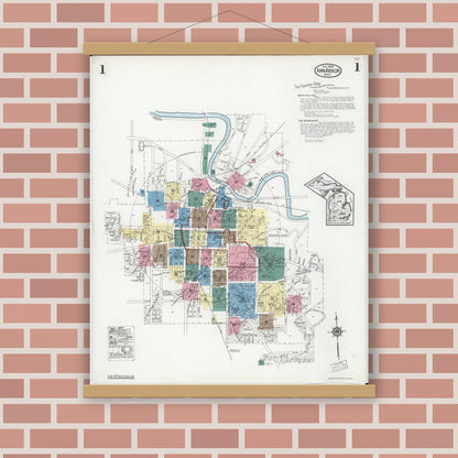 Old map wall art mockup — magnetic wood frame on brick wall — Sanborn Fire Insurance Map from Ann Arbor, Washtenaw County, Michigan (1925), Sheet #0001