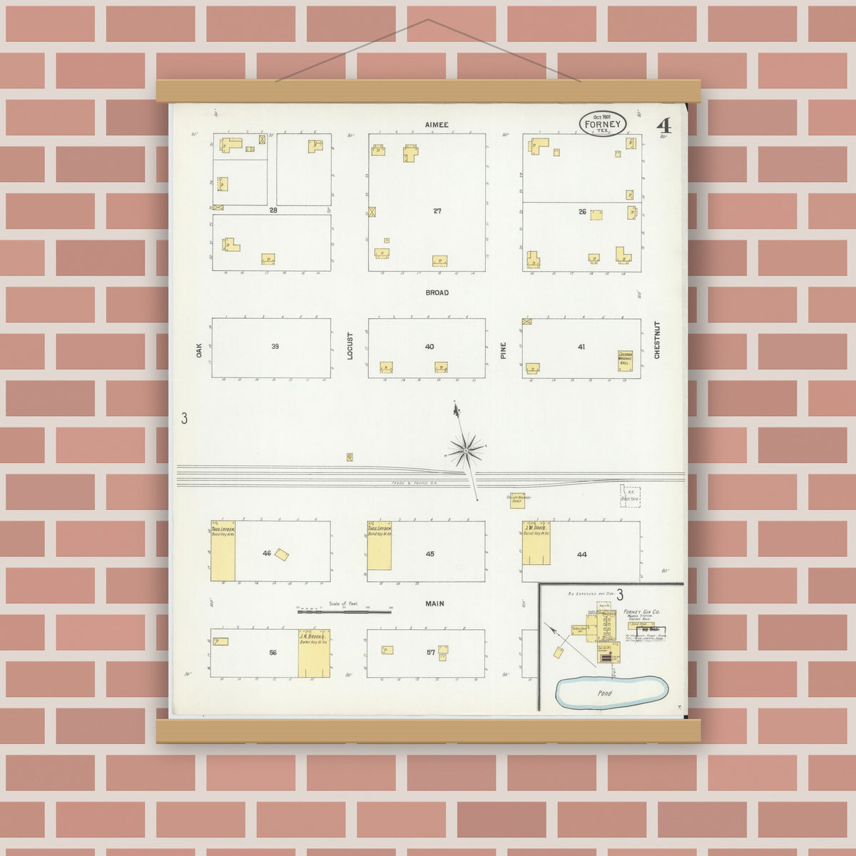 Old map wall art mockup — magnetic wood frame on brick wall — Sanborn Fire Insurance Map from Forney, Kaufman County, Texas (1901), Sheet #0004