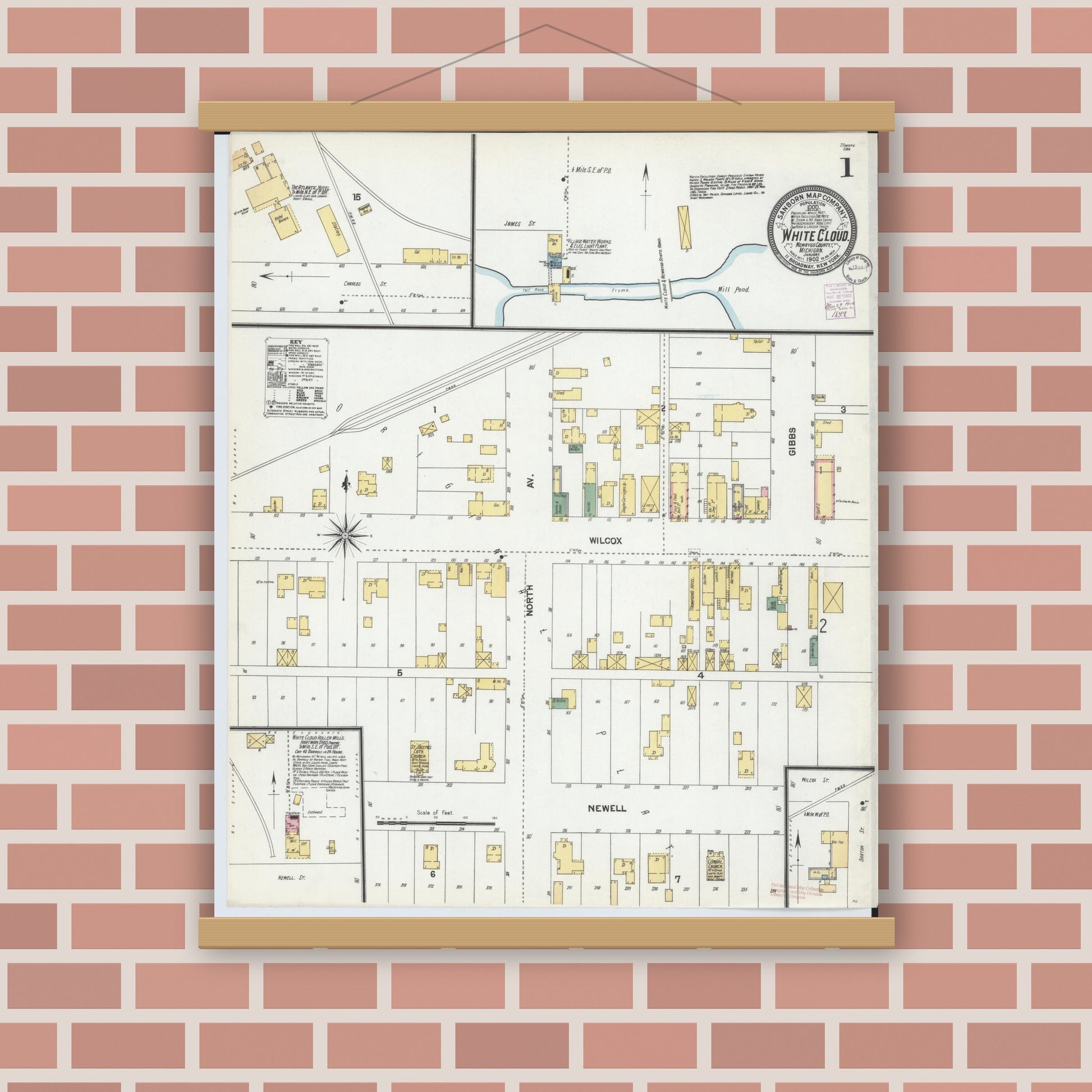 Old map wall art mockup — magnetic wood frame on brick wall — Sanborn Fire Insurance Map from White Cloud, Newaygo County, Michigan (1902) - Complete Map Set