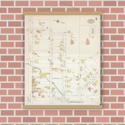Old map wall art mockup — magnetic wood frame on brick wall — Sanborn Fire Insurance Map from Salem, Independent Cities, Virginia (1913), Sheet #0003