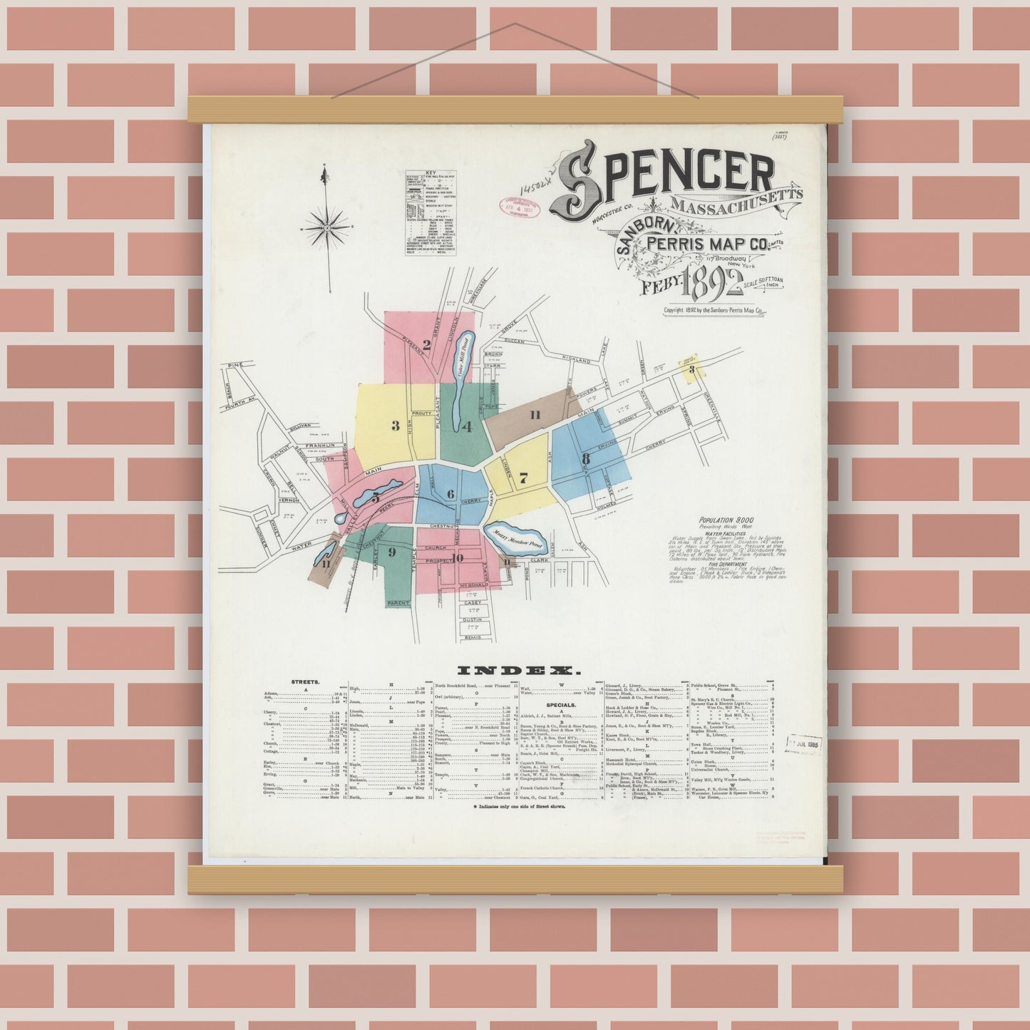 Old map wall art mockup — magnetic wood frame on brick wall — Sanborn Fire Insurance Map from Spencer, Worcester County, Massachusetts (1892) - Complete Map Set