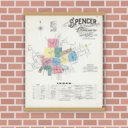 Old map wall art mockup — magnetic wood frame on brick wall — Sanborn Fire Insurance Map from Spencer, Worcester County, Massachusetts (1892) - Complete Map Set