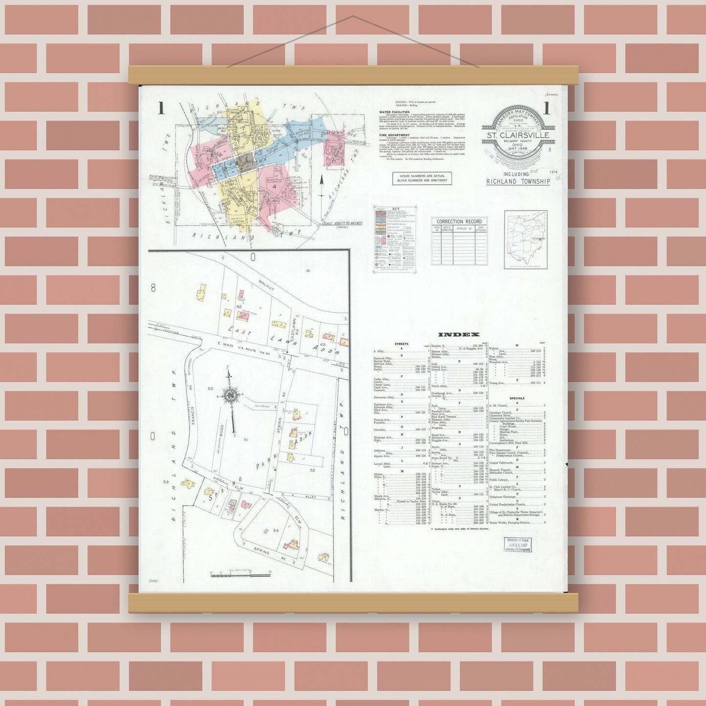 Old map wall art mockup — magnetic wood frame on brick wall — Sanborn Fire Insurance Map from Saint Clairsville, Belmont County, Ohio (1946), Sheet #0001