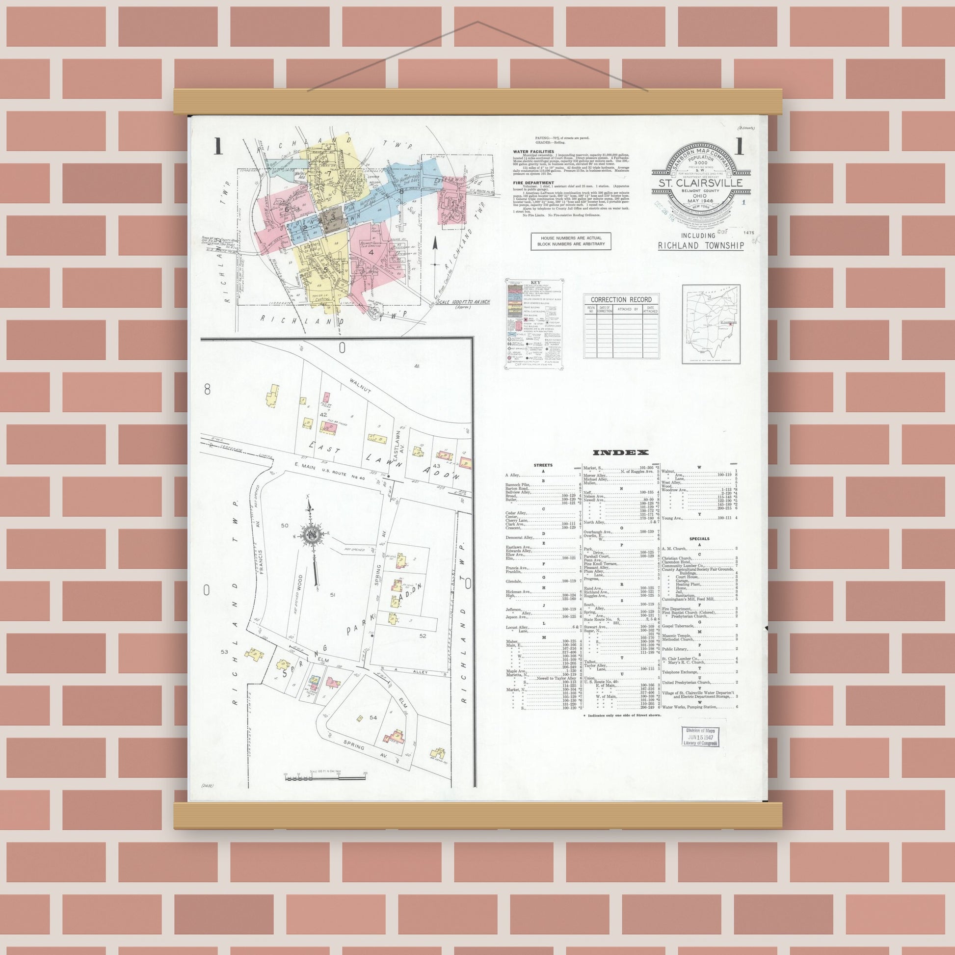 Old map wall art mockup — magnetic wood frame on brick wall — Sanborn Fire Insurance Map from Saint Clairsville, Belmont County, Ohio (1946), Sheet #0001