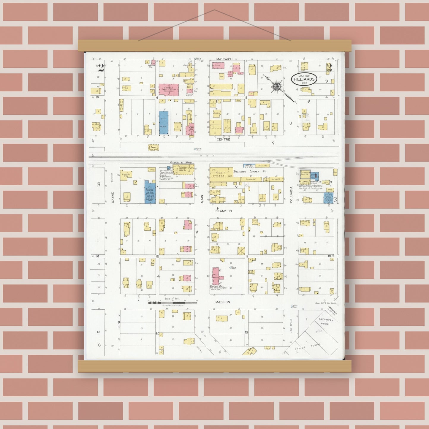 Old map wall art mockup — magnetic wood frame on brick wall — Sanborn Fire Insurance Map from Hilliards, Franklin County, Ohio (1929), Sheet #0002