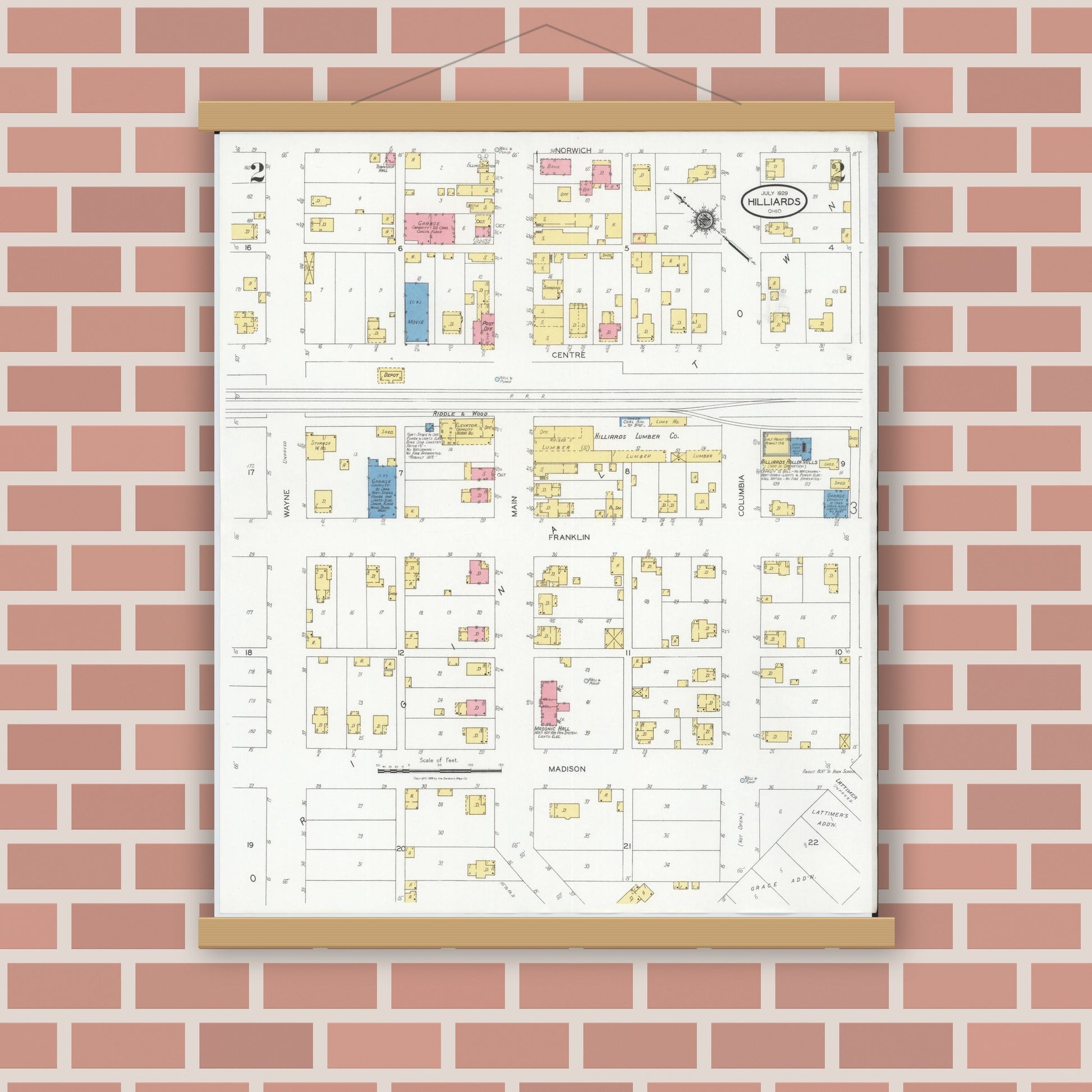 Old map wall art mockup — magnetic wood frame on brick wall — Sanborn Fire Insurance Map from Hilliards, Franklin County, Ohio (1929), Sheet #0002