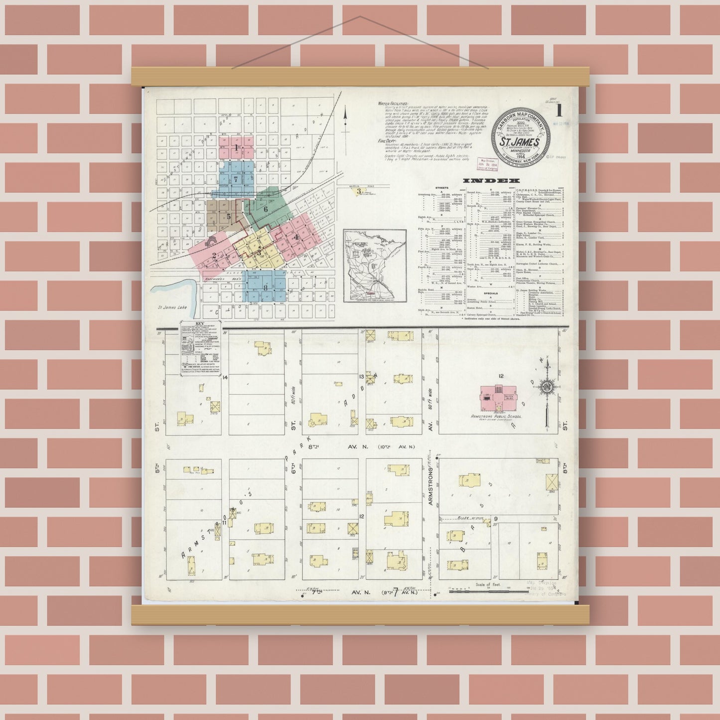 Old map wall art mockup — magnetic wood frame on brick wall — Sanborn Fire Insurance Map from Saint James, Watonwan County, Minnesota (1914) - Complete Map Set