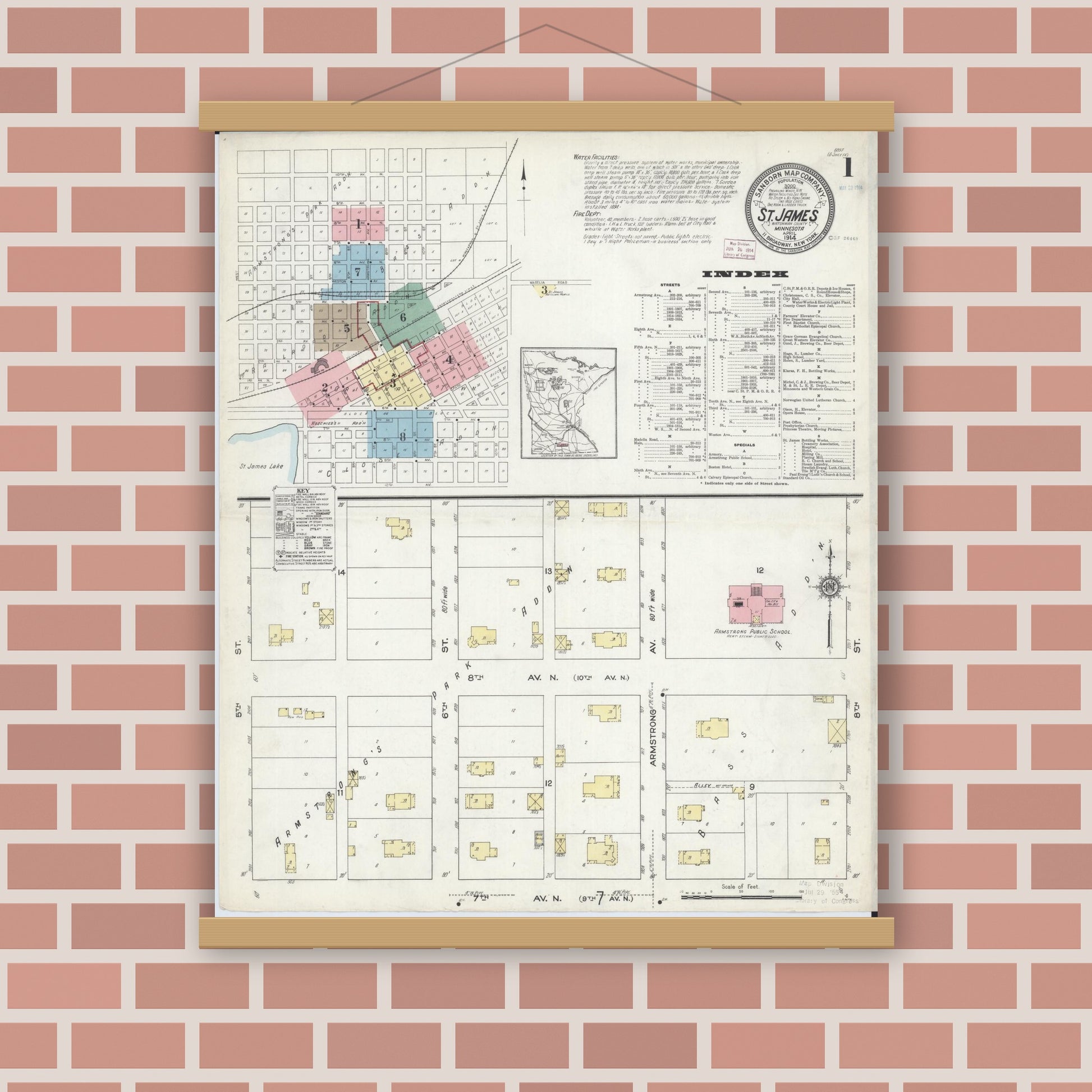 Old map wall art mockup — magnetic wood frame on brick wall — Sanborn Fire Insurance Map from Saint James, Watonwan County, Minnesota (1914) - Complete Map Set
