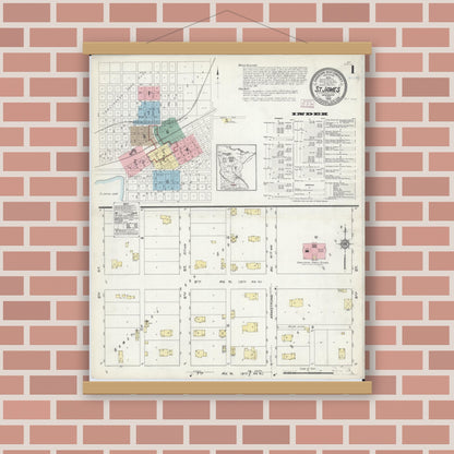 Old map wall art mockup — magnetic wood frame on brick wall — Sanborn Fire Insurance Map from Saint James, Watonwan County, Minnesota (1914) - Complete Map Set