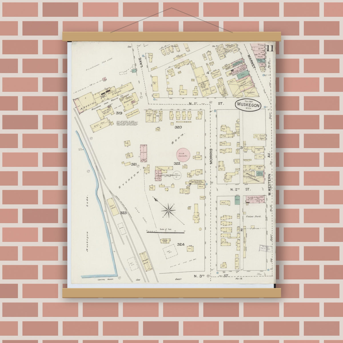 Old map wall art mockup — magnetic wood frame on brick wall — Sanborn Fire Insurance Map from Muskegon, Muskegon County, Michigan (1887), Sheet #0011