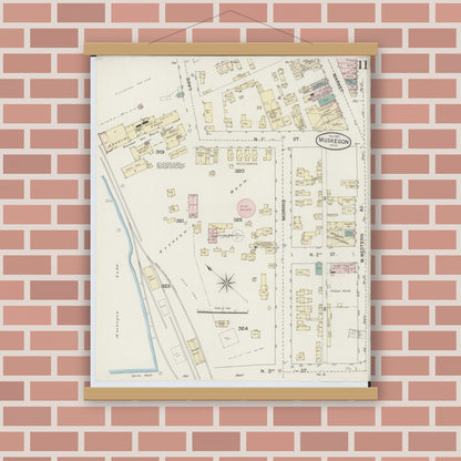 Old map wall art mockup — magnetic wood frame on brick wall — Sanborn Fire Insurance Map from Muskegon, Muskegon County, Michigan (1887), Sheet #0011