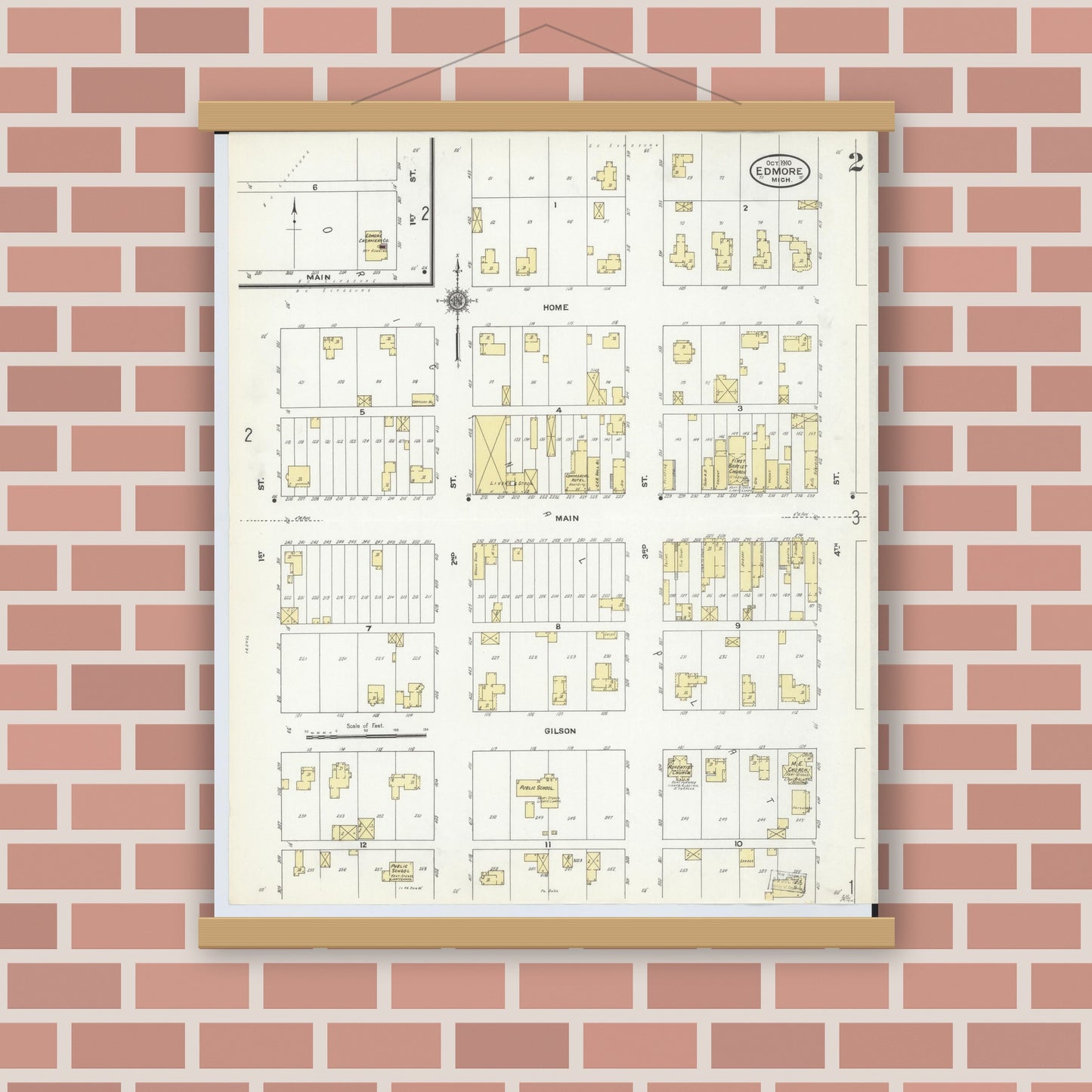 Old map wall art mockup — magnetic wood frame on brick wall — Sanborn Fire Insurance Map from Edmore, Montcalm County, Michigan (1910), Sheet #0002