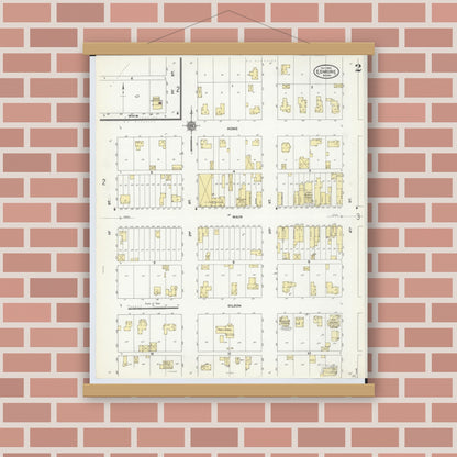 Old map wall art mockup — magnetic wood frame on brick wall — Sanborn Fire Insurance Map from Edmore, Montcalm County, Michigan (1910), Sheet #0002