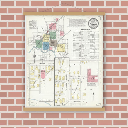 Old map wall art mockup — magnetic wood frame on brick wall — Sanborn Fire Insurance Map from Franklin, Johnson County, Indiana (1910), Sheet #0001