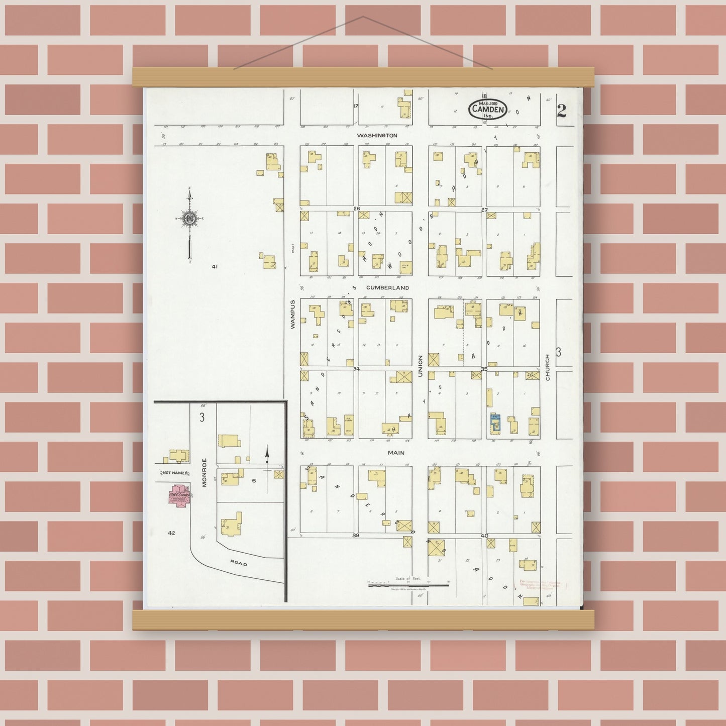 Old map wall art mockup — magnetic wood frame on brick wall — Sanborn Fire Insurance Map from Camden, Carroll County, Indiana (1919), Sheet #0002