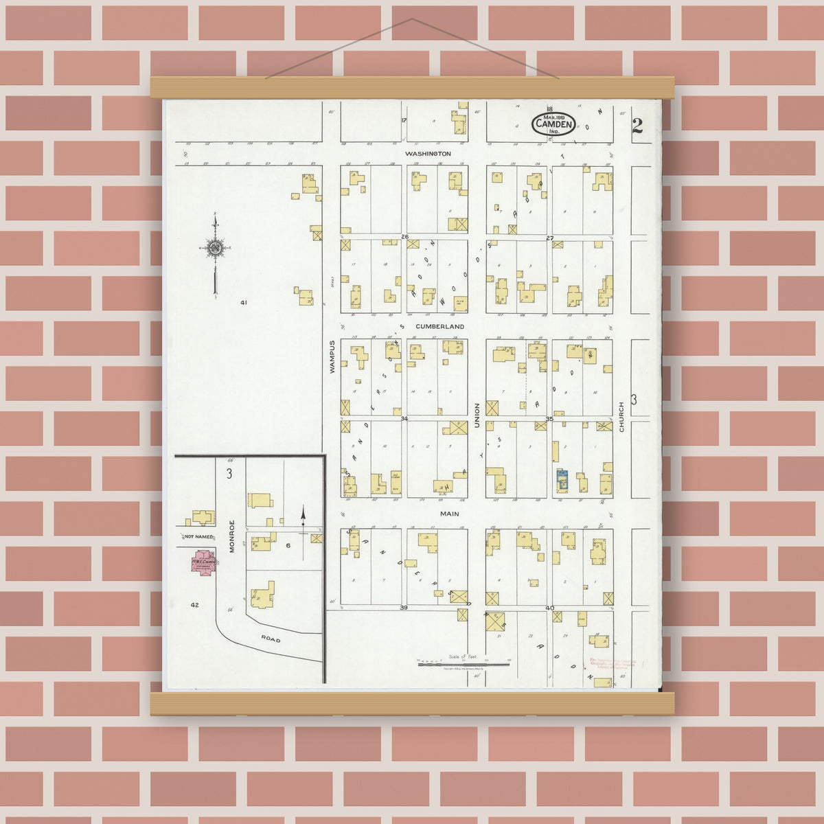 Old map wall art mockup — magnetic wood frame on brick wall — Sanborn Fire Insurance Map from Camden, Carroll County, Indiana (1919), Sheet #0002