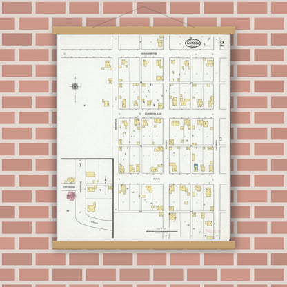 Old map wall art mockup — magnetic wood frame on brick wall — Sanborn Fire Insurance Map from Camden, Carroll County, Indiana (1919), Sheet #0002