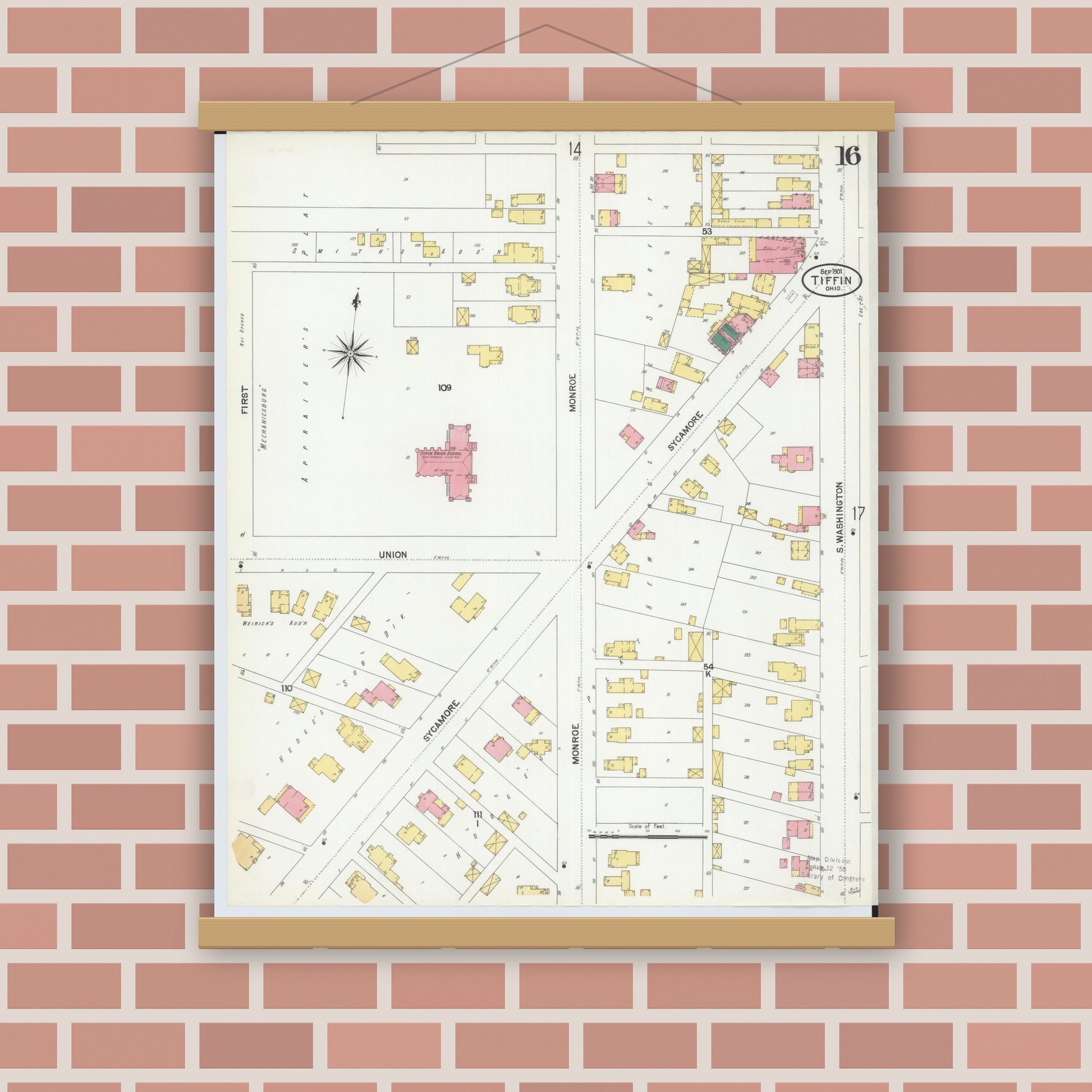 Old map wall art mockup — magnetic wood frame on brick wall — Sanborn Fire Insurance Map from Tiffin, Seneca County, Ohio (1901), Sheet #0016