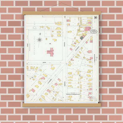 Old map wall art mockup — magnetic wood frame on brick wall — Sanborn Fire Insurance Map from Tiffin, Seneca County, Ohio (1901), Sheet #0016