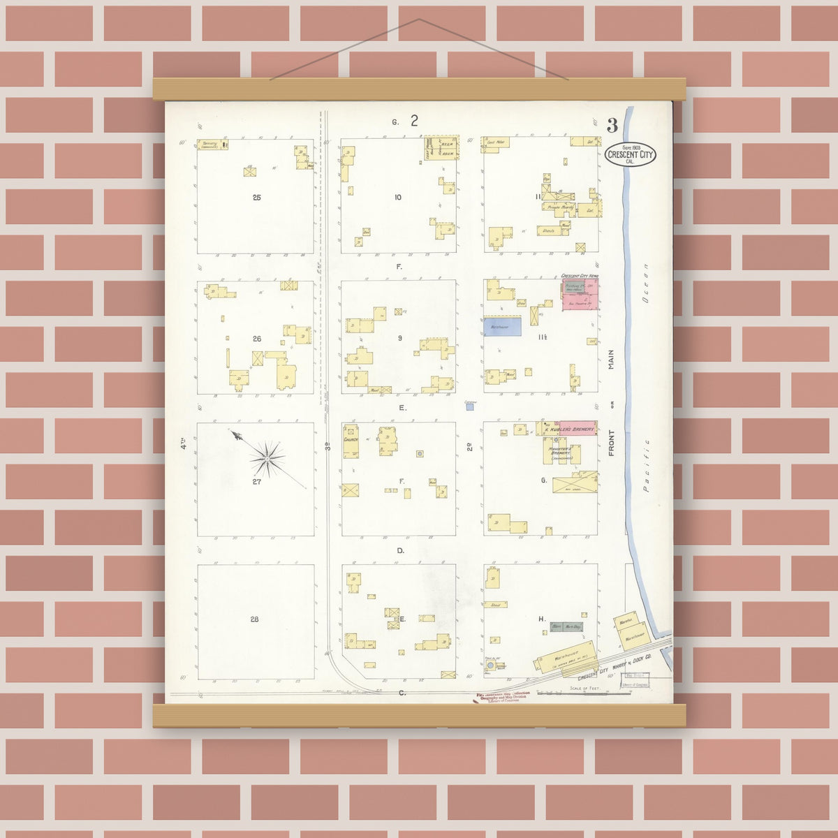 Old map wall art mockup — magnetic wood frame on brick wall — Sanborn Fire Insurance Map from Crescent City, Del Norte County, California (1903), Sheet #0003
