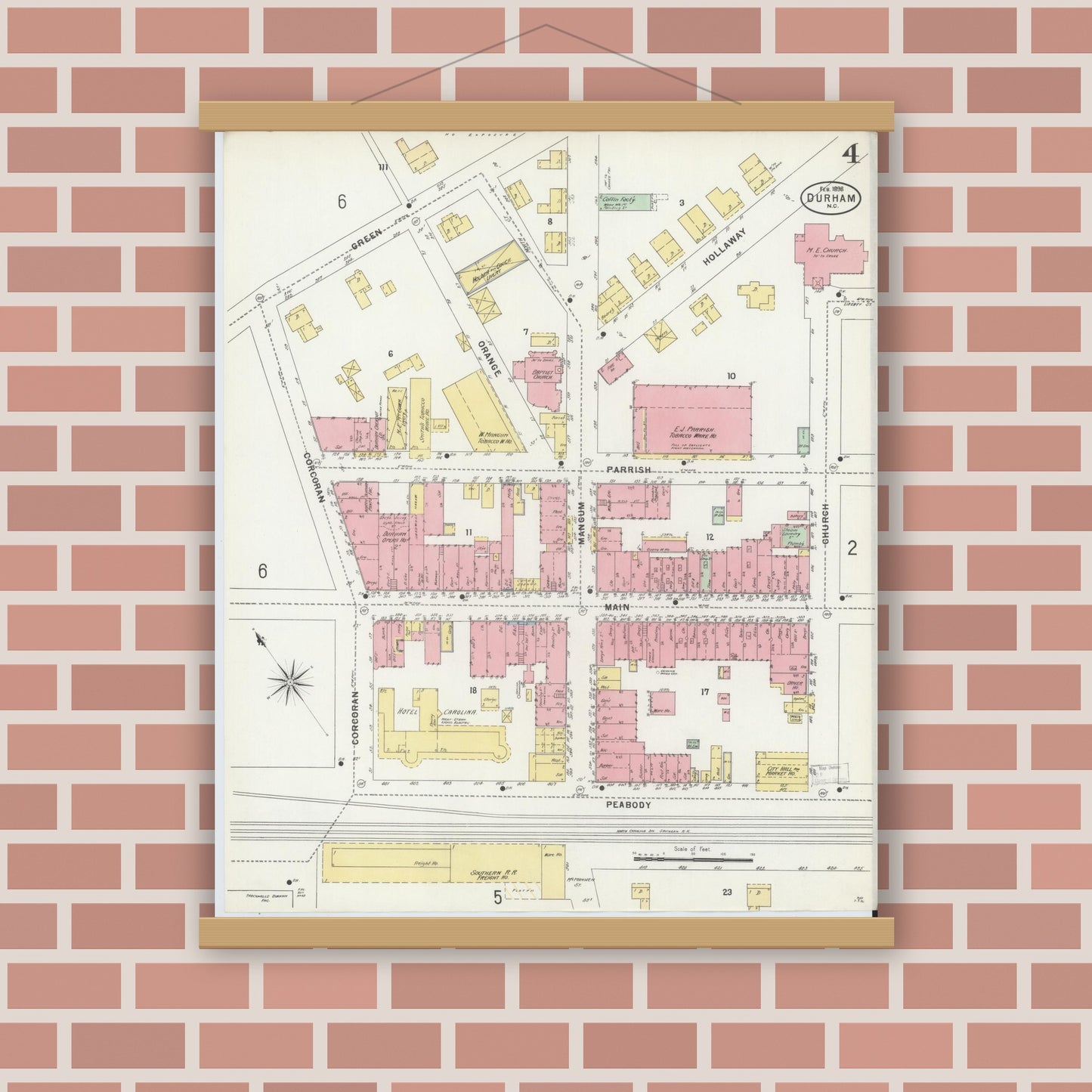 Old map wall art mockup — magnetic wood frame on brick wall — Sanborn Fire Insurance Map from Durham, Durham County, North Carolina (1898), Sheet #0004