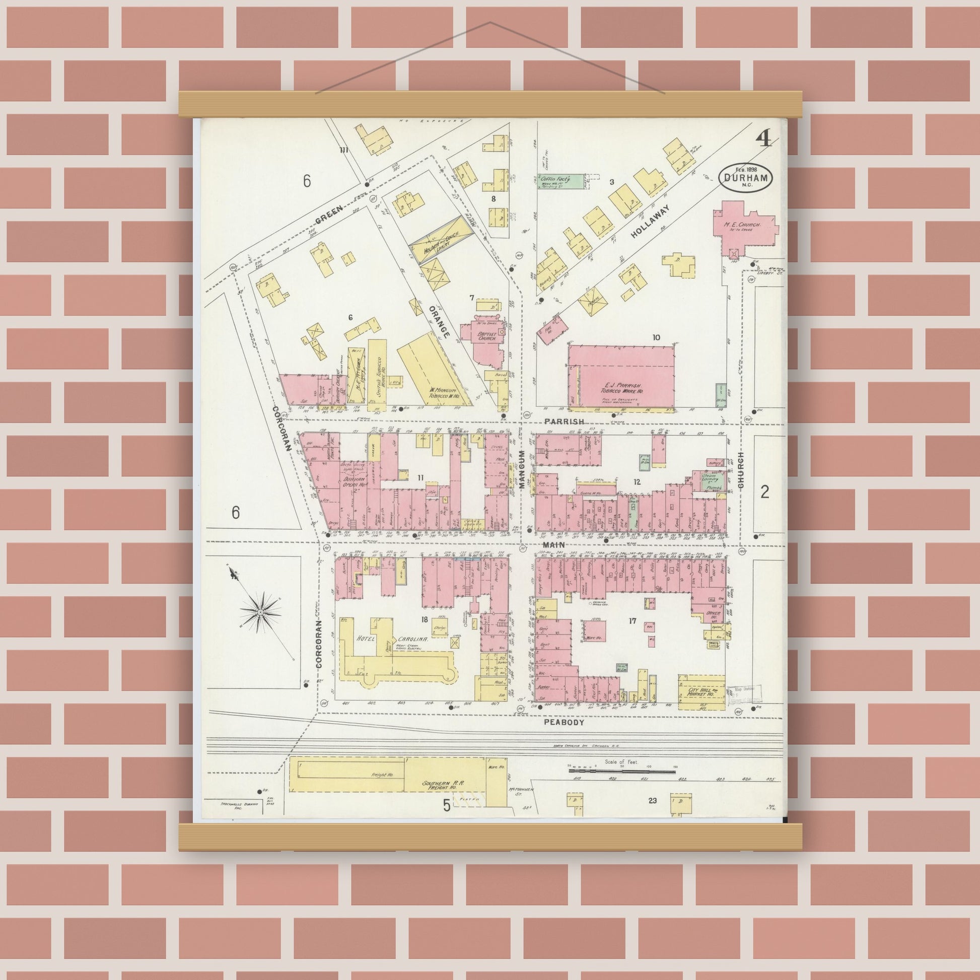 Old map wall art mockup — magnetic wood frame on brick wall — Sanborn Fire Insurance Map from Durham, Durham County, North Carolina (1898), Sheet #0004