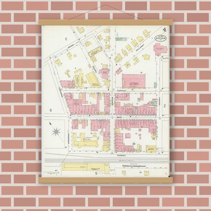 Old map wall art mockup — magnetic wood frame on brick wall — Sanborn Fire Insurance Map from Durham, Durham County, North Carolina (1898), Sheet #0004