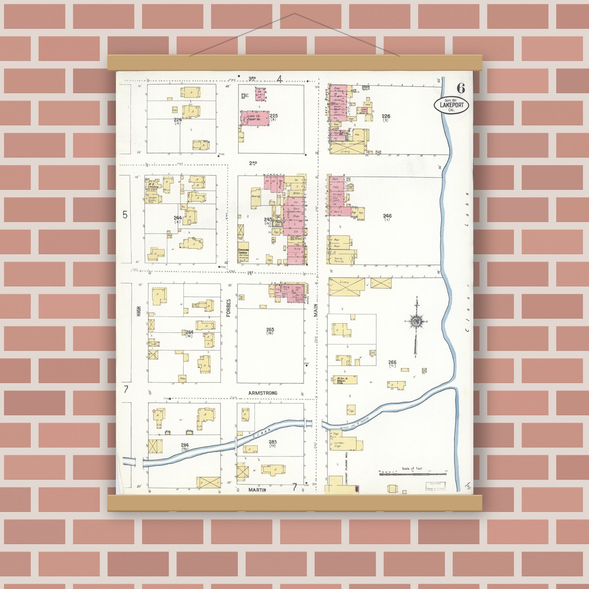 Old map wall art mockup — magnetic wood frame on brick wall — Sanborn Fire Insurance Map from Lakeport, Lake County, California (1911), Sheet #0006