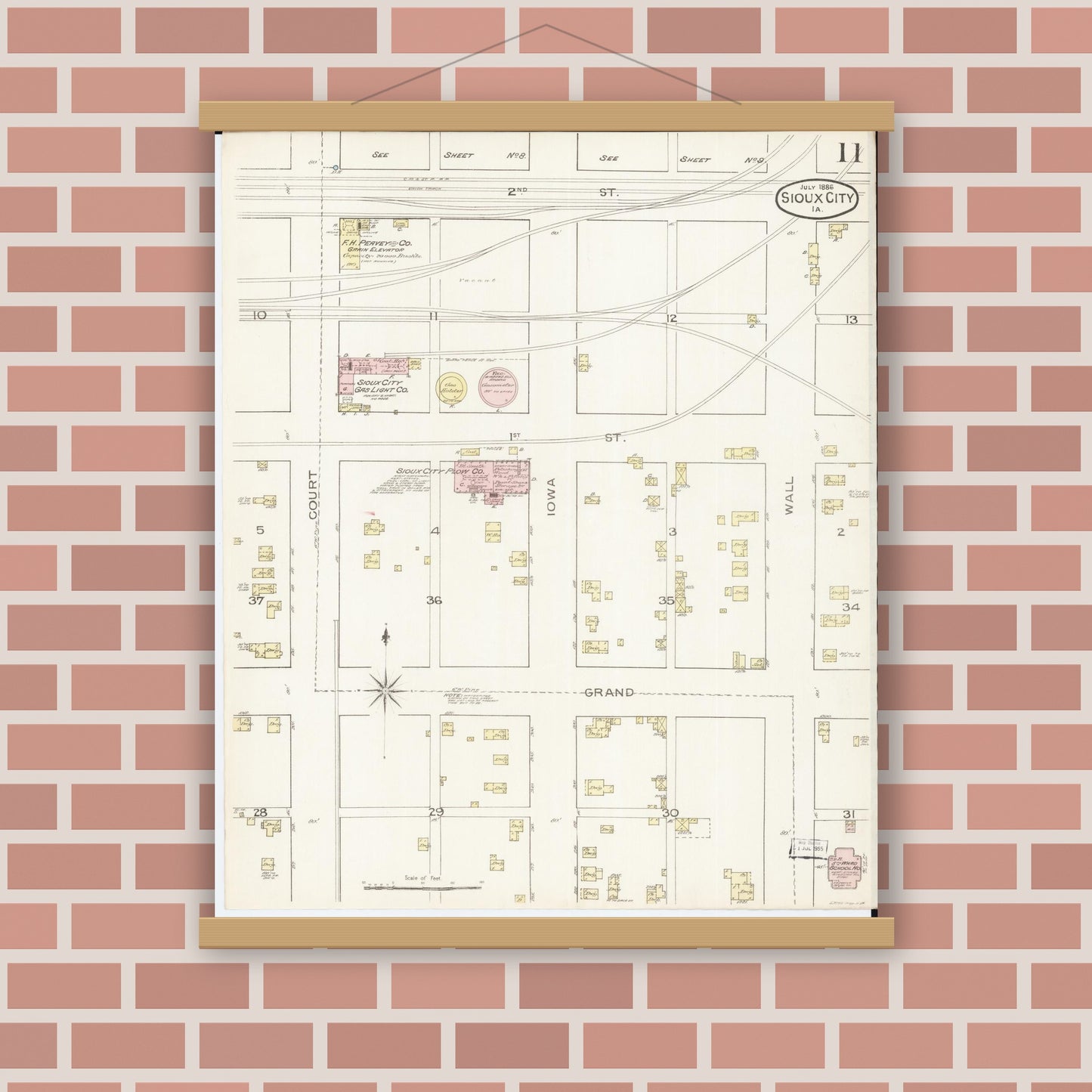 Old map wall art mockup — magnetic wood frame on brick wall — Sanborn Fire Insurance Map from Sioux City, Woodbury County, Iowa (1886), Sheet #0011