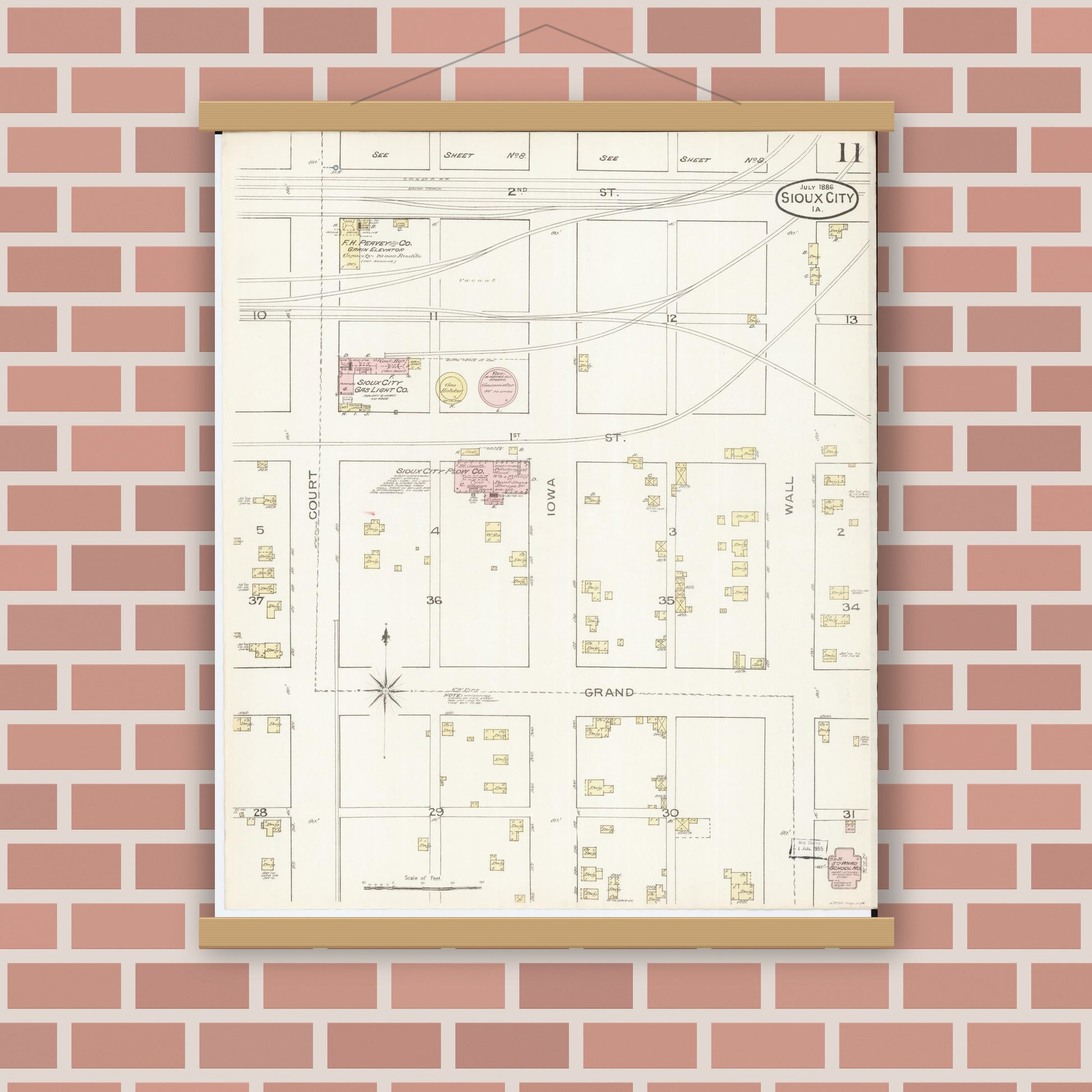 Old map wall art mockup — magnetic wood frame on brick wall — Sanborn Fire Insurance Map from Sioux City, Woodbury County, Iowa (1886), Sheet #0011