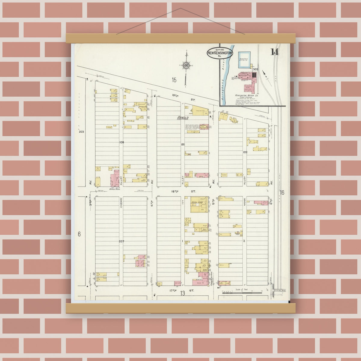 Old map wall art mockup — magnetic wood frame on brick wall — Sanborn Fire Insurance Map from New Kensington, Westmoreland County, Pennsylvania (1915), Sheet #0014