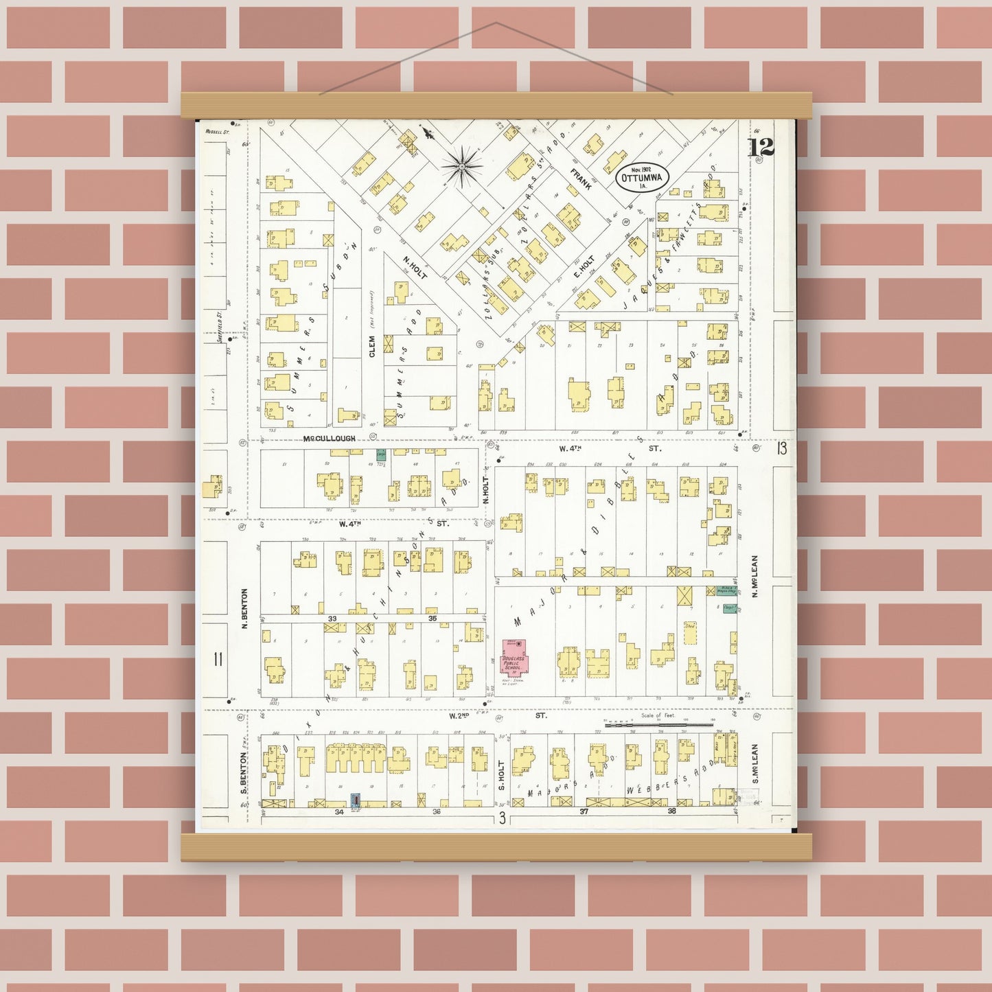 Old map wall art mockup — magnetic wood frame on brick wall — Sanborn Fire Insurance Map from Ottumwa, Wapello County, Iowa (1902), Sheet #0012