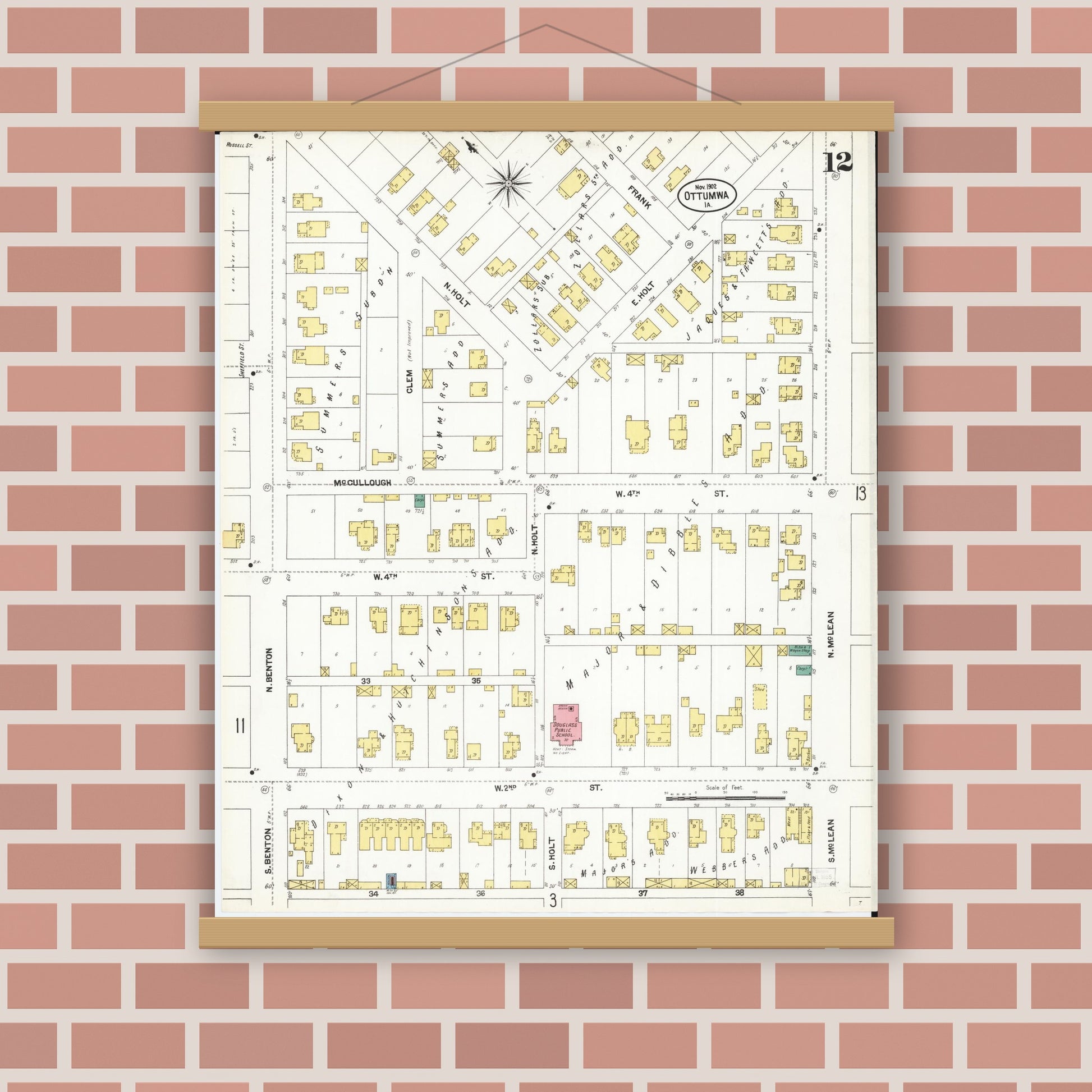 Old map wall art mockup — magnetic wood frame on brick wall — Sanborn Fire Insurance Map from Ottumwa, Wapello County, Iowa (1902), Sheet #0012