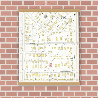 Old map wall art mockup — magnetic wood frame on brick wall — Sanborn Fire Insurance Map from Ottumwa, Wapello County, Iowa (1902), Sheet #0012