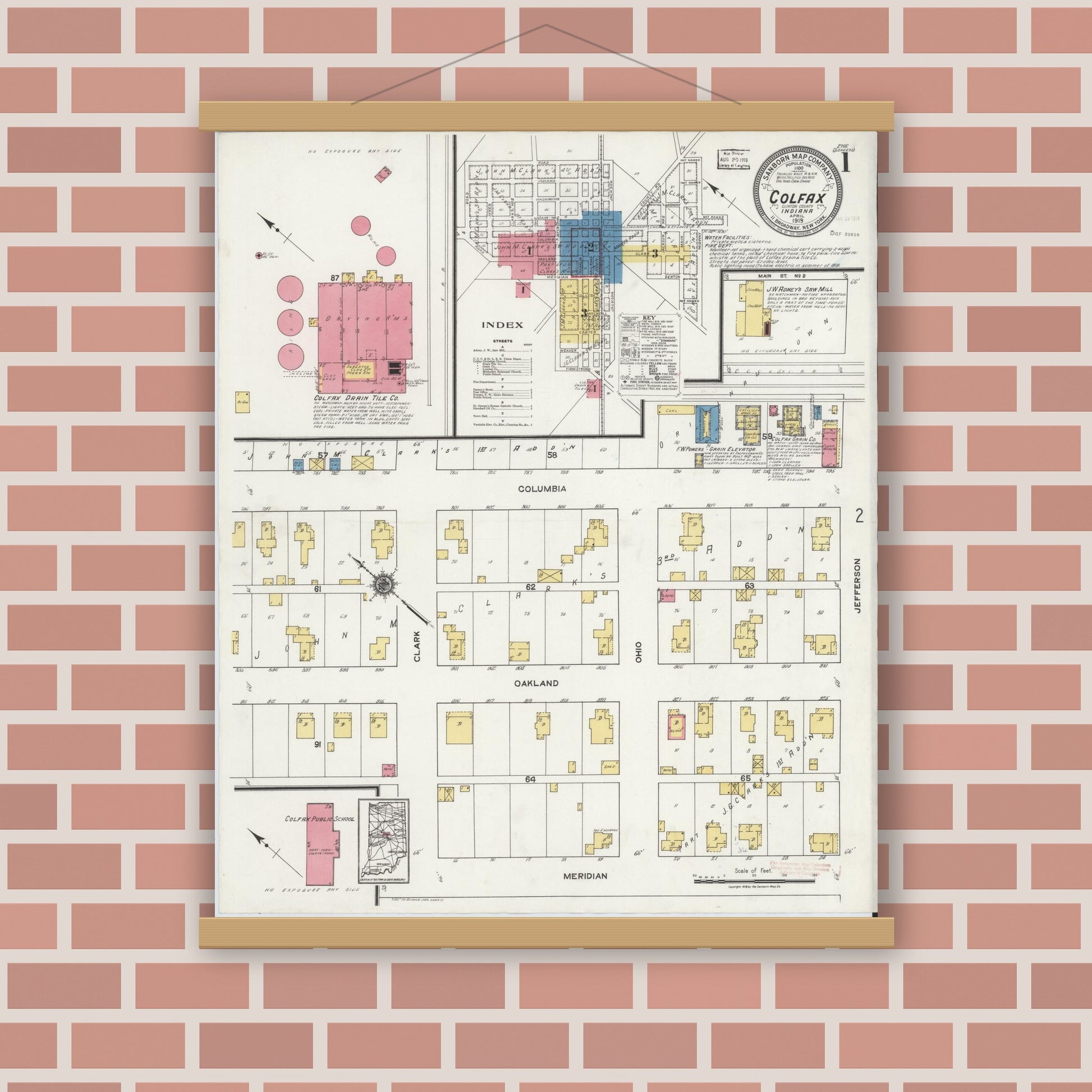 Old map wall art mockup — magnetic wood frame on brick wall — Sanborn Fire Insurance Map from Colfax, Clinton County, Indiana (1919) - Complete Map Set