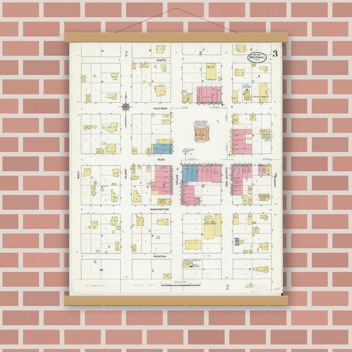 Old map wall art mockup — magnetic wood frame on brick wall — Sanborn Fire Insurance Map from Rockwall, Rockwall County, Texas (1911), Sheet #0003