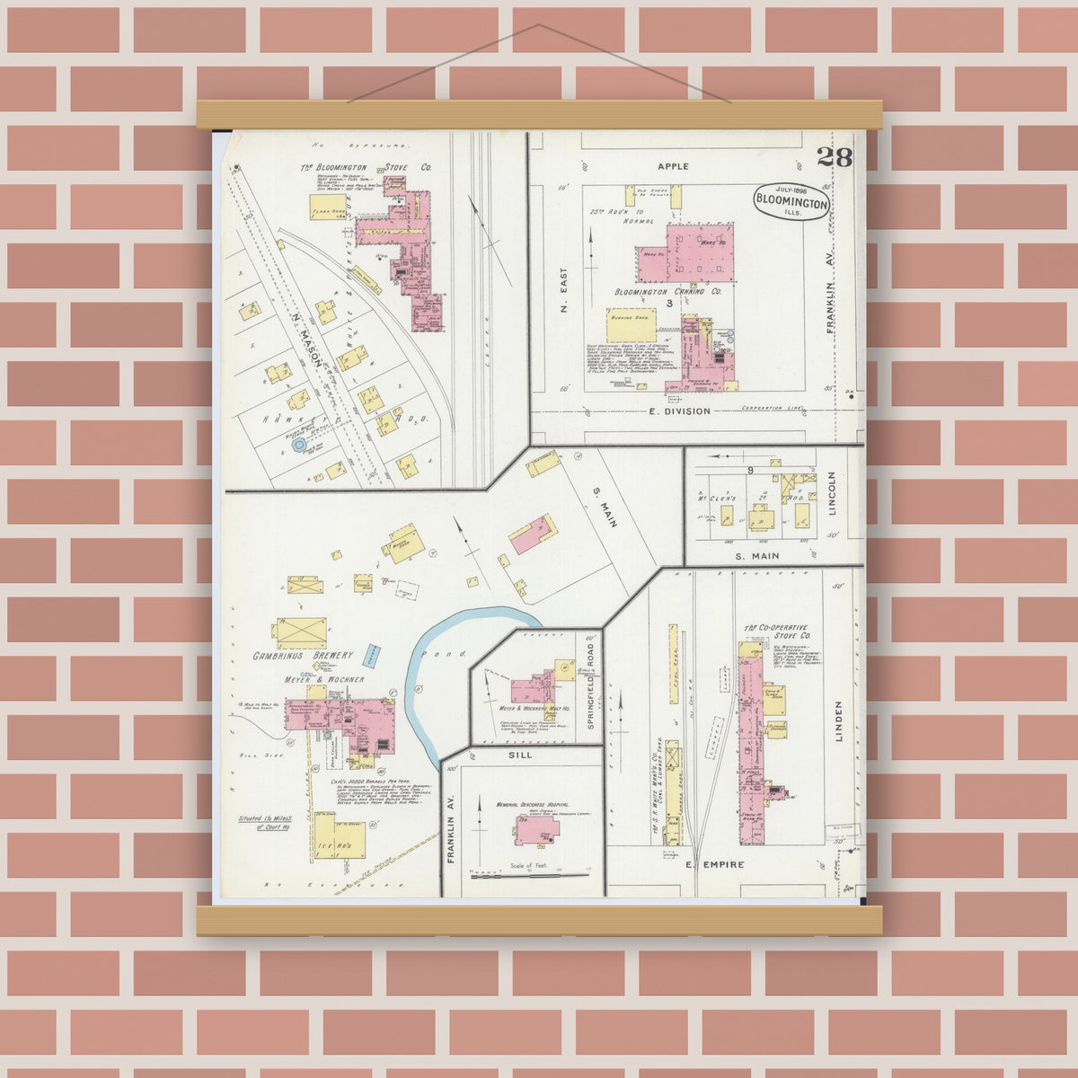 Old map wall art mockup — magnetic wood frame on brick wall — Sanborn Fire Insurance Map from Bloomington, McLean County, Illinois (1896), Sheet #0028