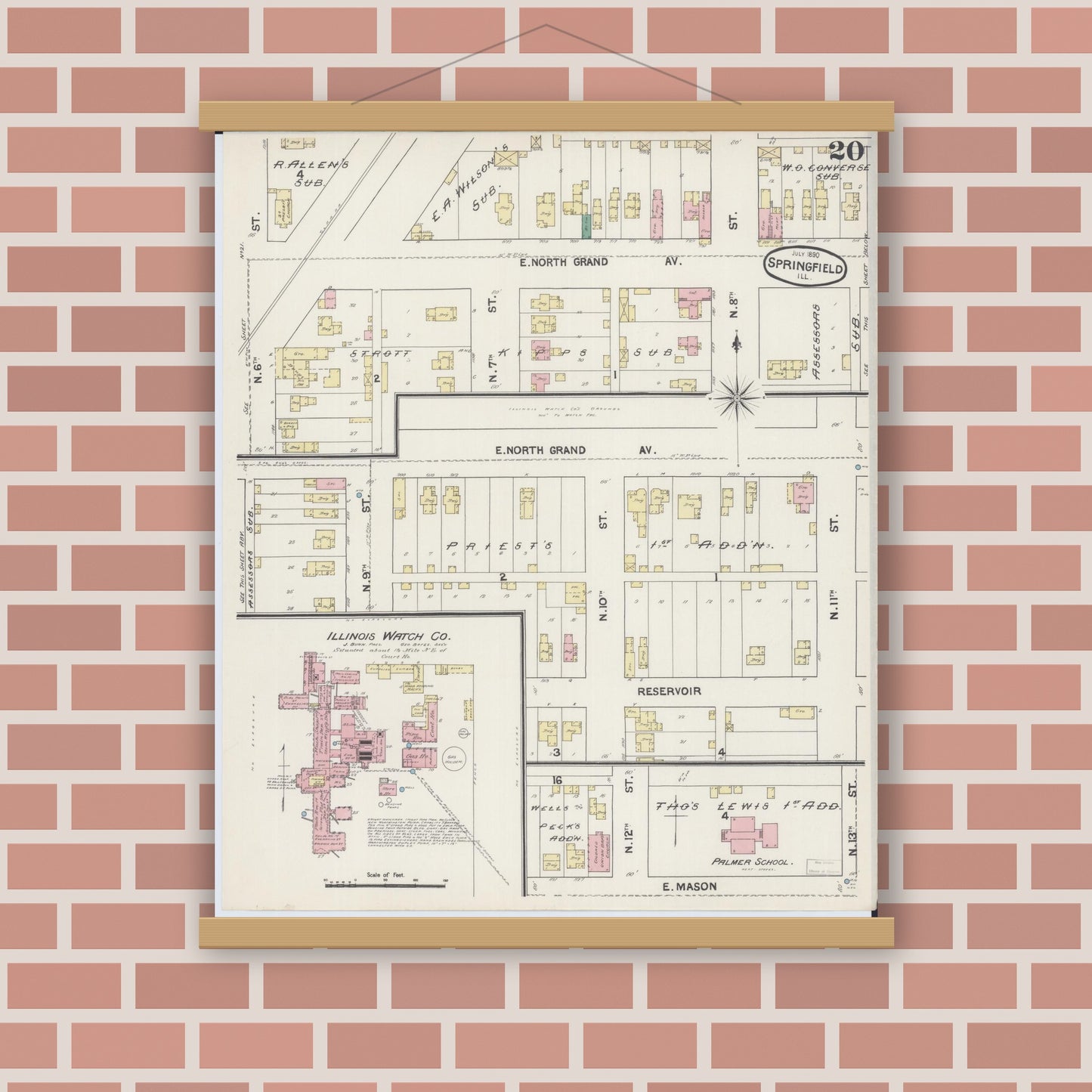 Old map wall art mockup — magnetic wood frame on brick wall — Sanborn Fire Insurance Map from Springfield, Sangamon County, Illinois (1890), Sheet #0020