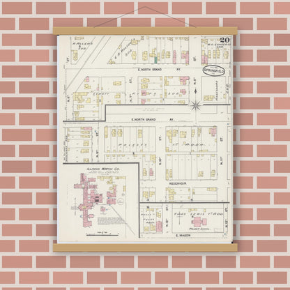Old map wall art mockup — magnetic wood frame on brick wall — Sanborn Fire Insurance Map from Springfield, Sangamon County, Illinois (1890), Sheet #0020