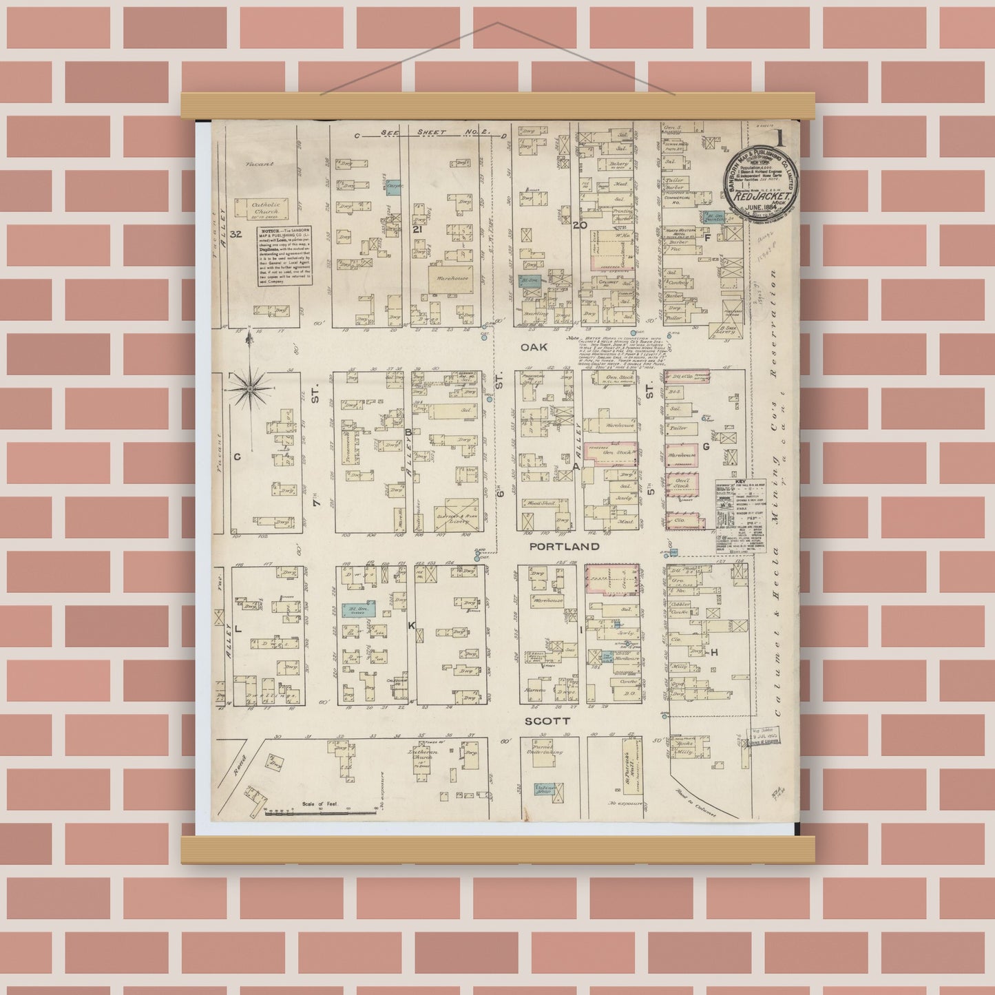 Old map wall art mockup — magnetic wood frame on brick wall — Sanborn Fire Insurance Map from Red Jacket, Houghton County, Michigan (1884) - Complete Map Set
