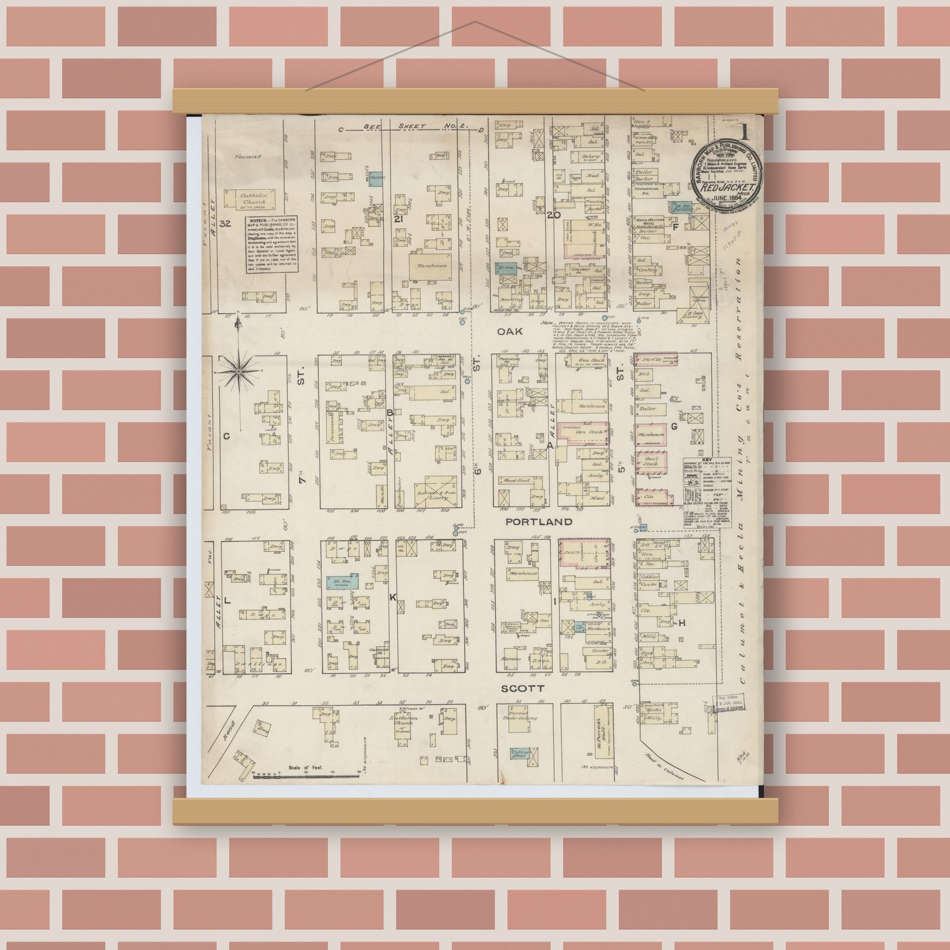 Old map wall art mockup — magnetic wood frame on brick wall — Sanborn Fire Insurance Map from Red Jacket, Houghton County, Michigan (1884) - Complete Map Set